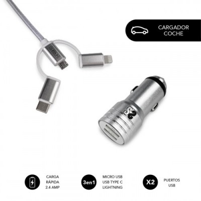 SUBBLIM Cargador Coche 2xUSB Dual Car Charger Alum 24A Cable 3 in 1 Silver