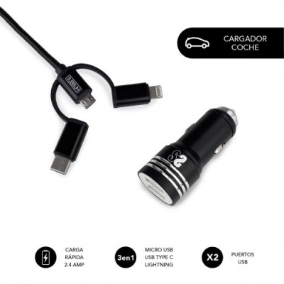 SUBBLIM Cargador Coche 2xUSB Dual Car Charger Alum 24A Cable 3 in 1 Black