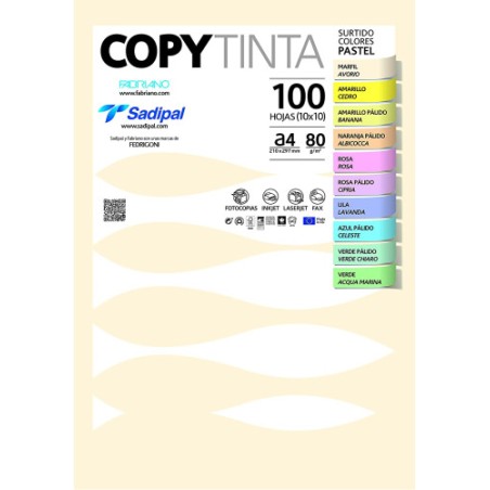 9741-PAQUETE 100 HOJAS A4 80G COLORES SURTIDOS PASTEL (10 HOJAS x COLOR) FABRIANO 11302